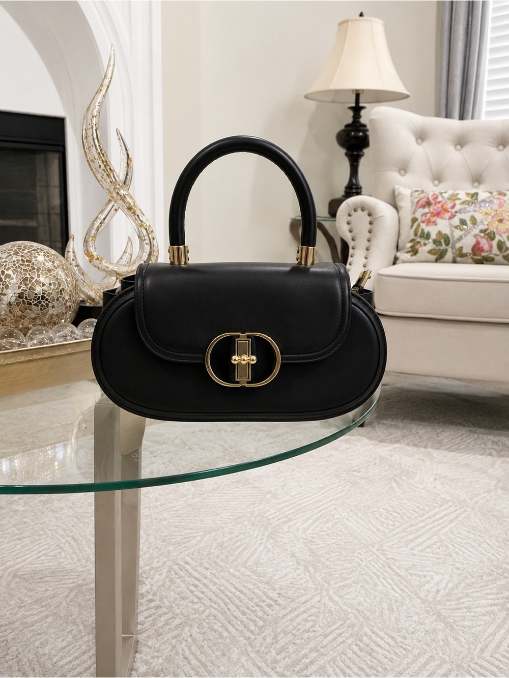 Elegant California Black Top-Handle Shoulder Bag with Gold Hardware